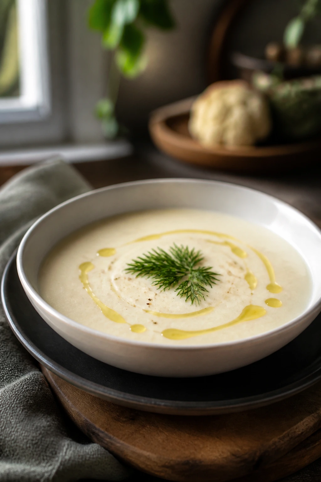 Close-up of chilled cauliflower soup in pale bowl with olive oil drizzle and dill garnish on a dark plate