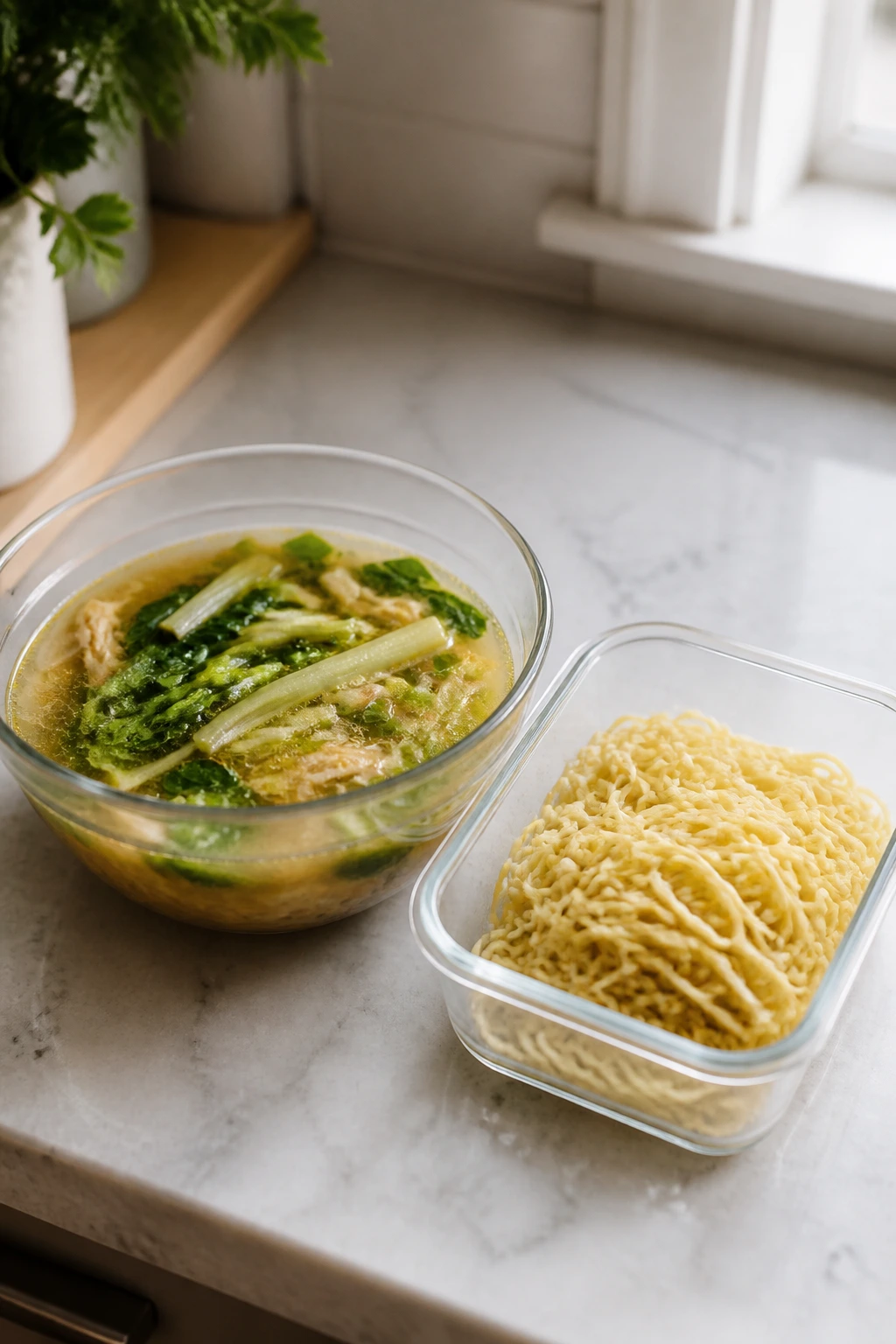 Leftovers stored separately: broth in a bowl and noodles in a container.