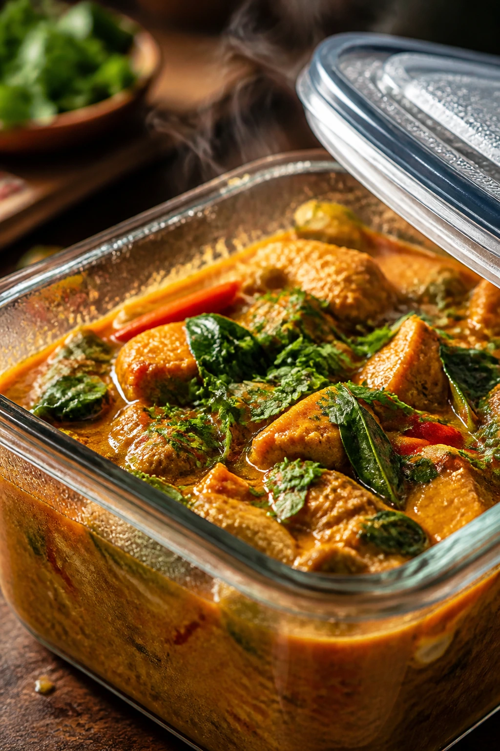 Glass container of Thai curry leftovers with steam and herbs