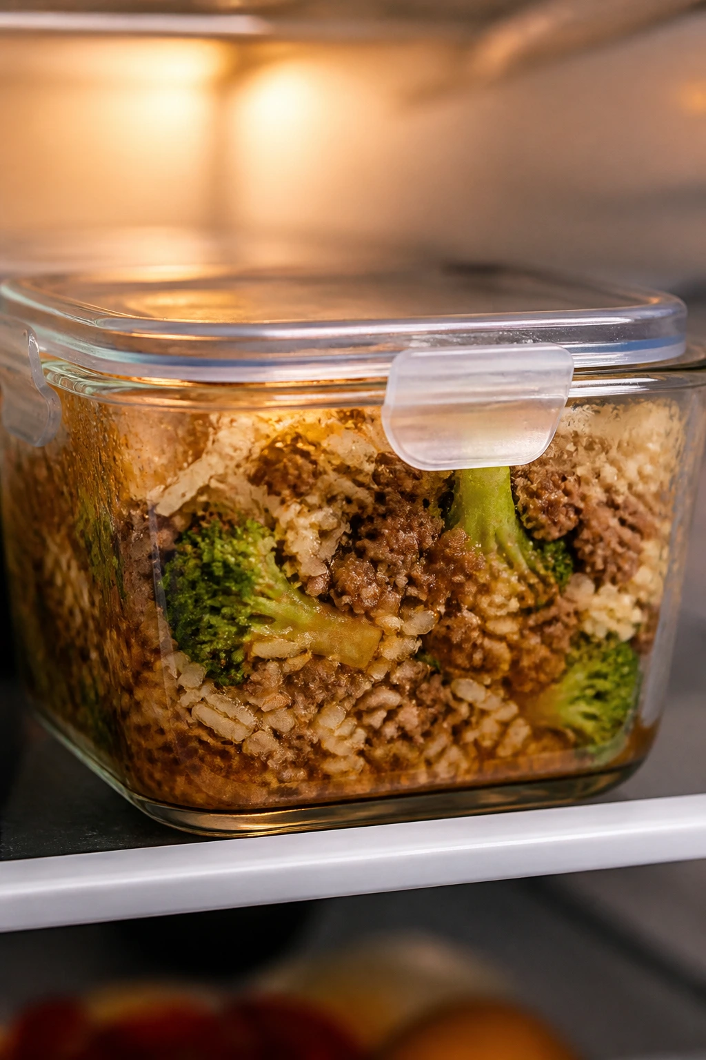 Close-up of a glass container of beef, broccoli, and rice leftovers on a fridge shelf.
