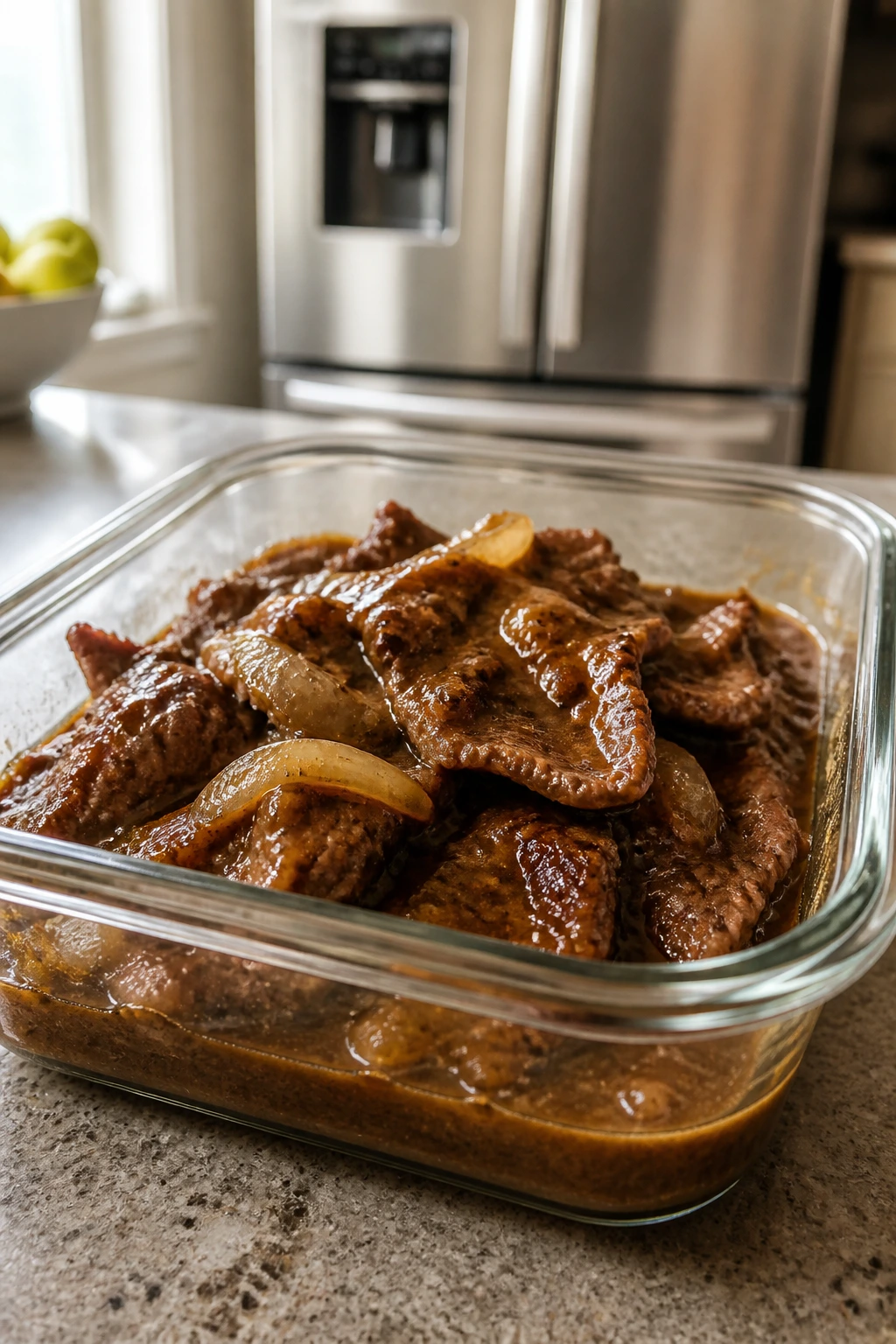 Glass storage container with fried beef and gravy