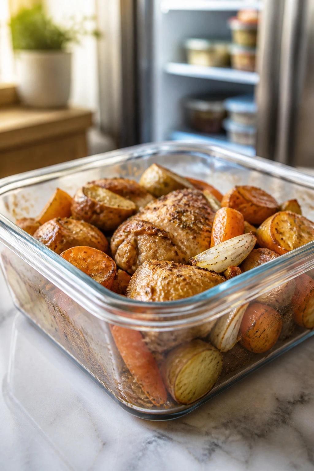 Leftover roasted chicken and vegetables in glass storage container