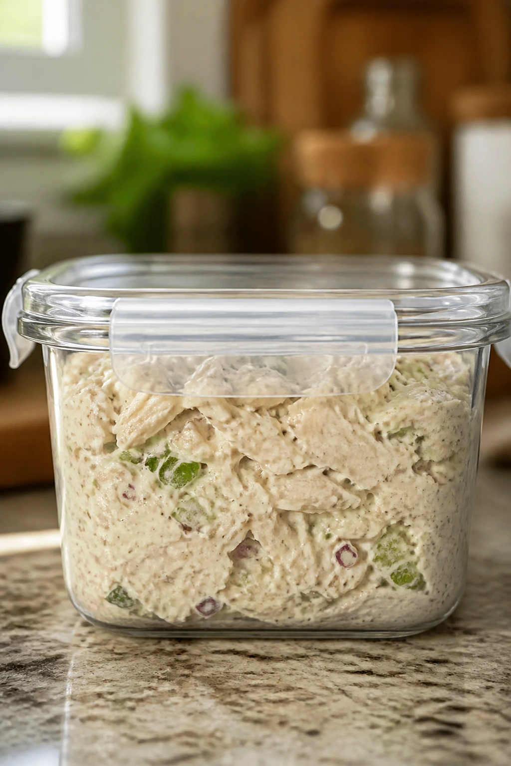 Close-up of an airtight container of creamy chicken salad on a kitchen counter