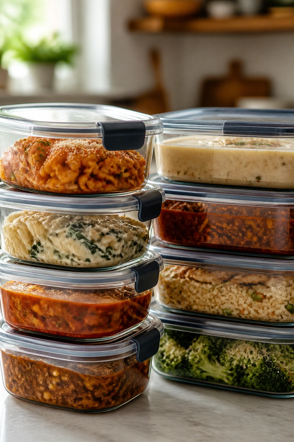 Close-up of glass meal prep containers with leftovers on a kitchen counter.