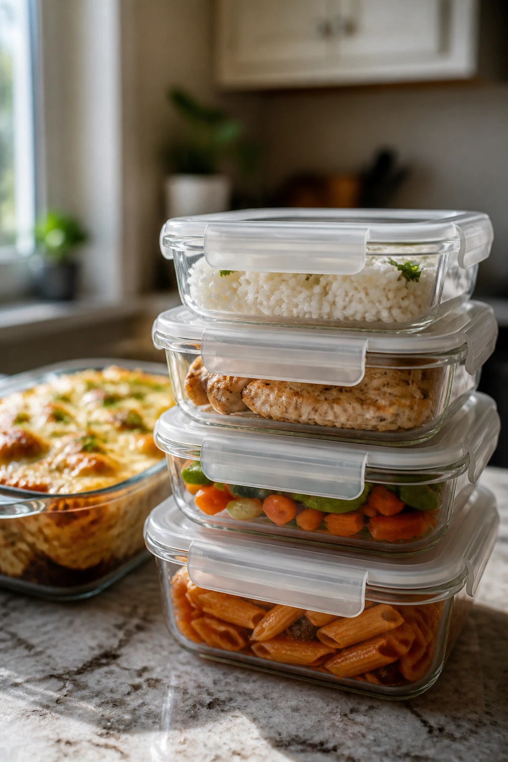 A stack of airtight containers with leftovers on a counter