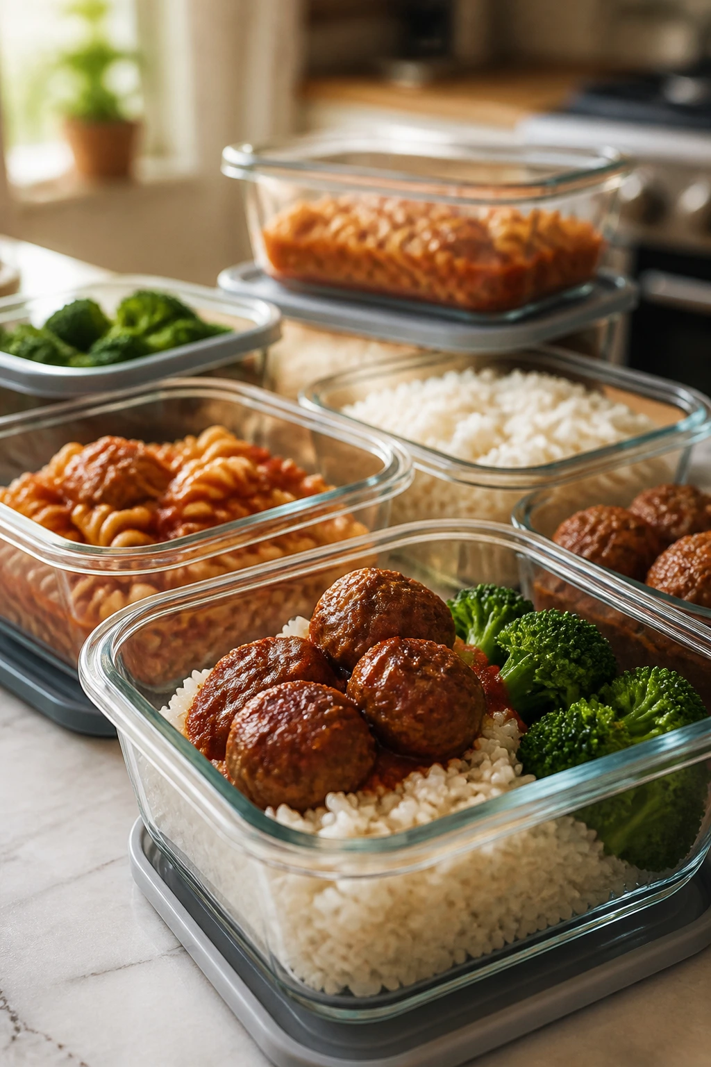 Close-up of glass storage containers with toddler-friendly leftovers on a kitchen counter