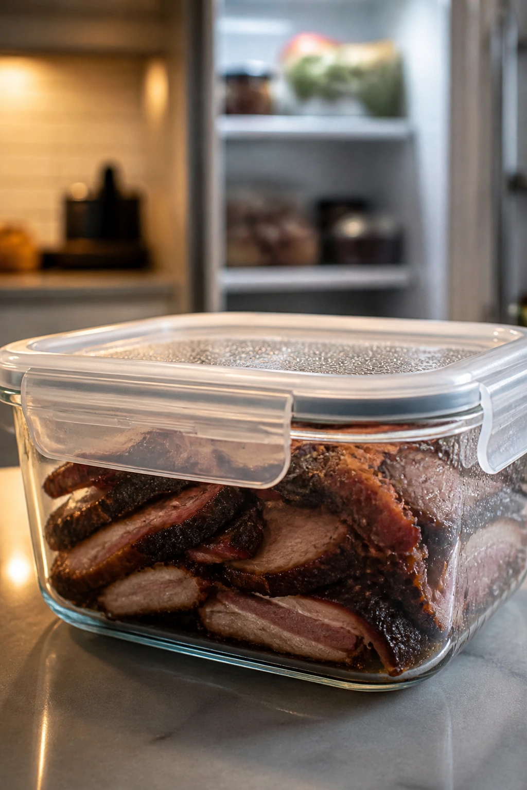 Close-up of BBQ leftovers in a glass container on a kitchen counter, ready for storage