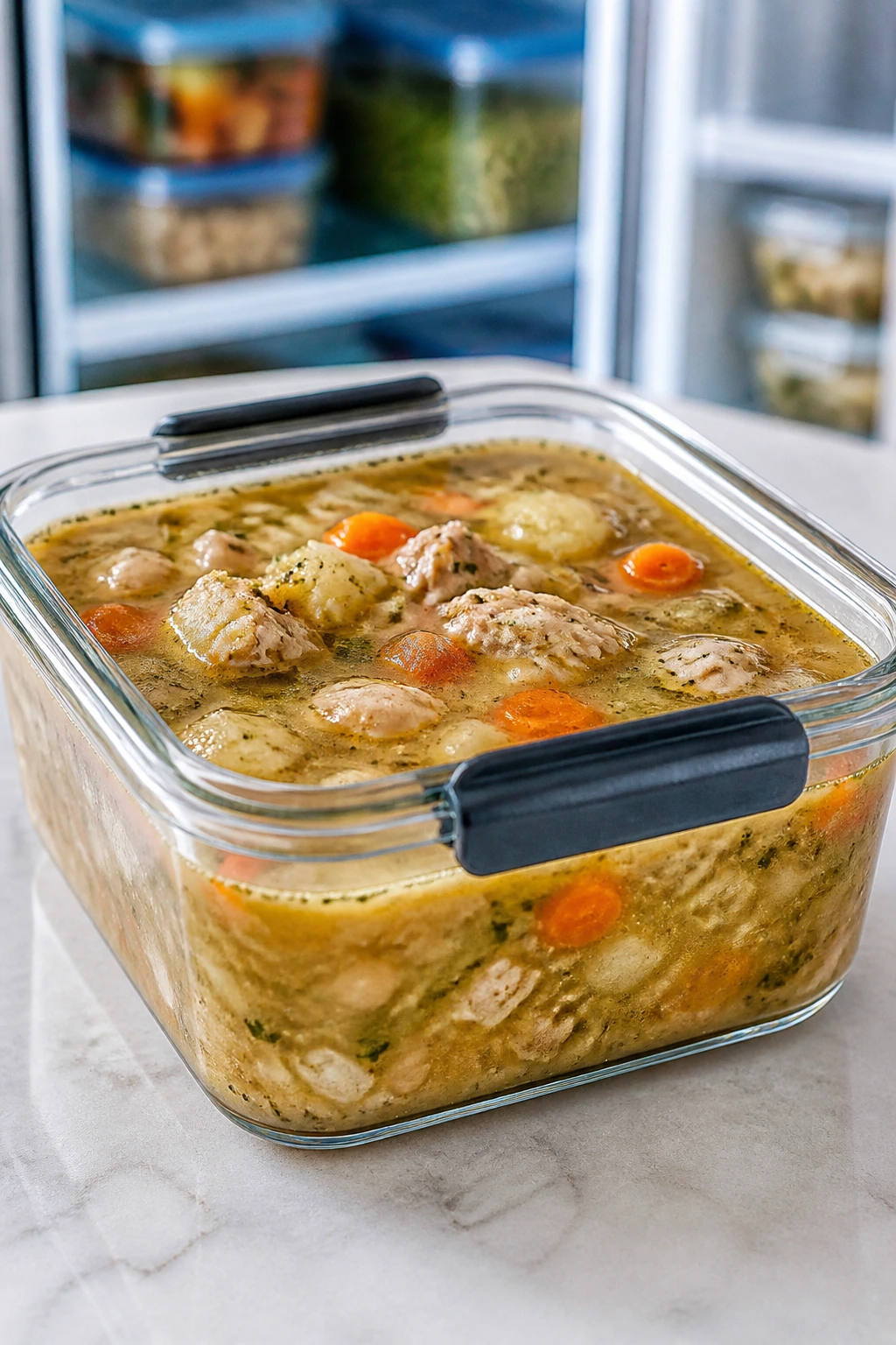 Glass container of soup ready for storing or freezing on a kitchen counter.