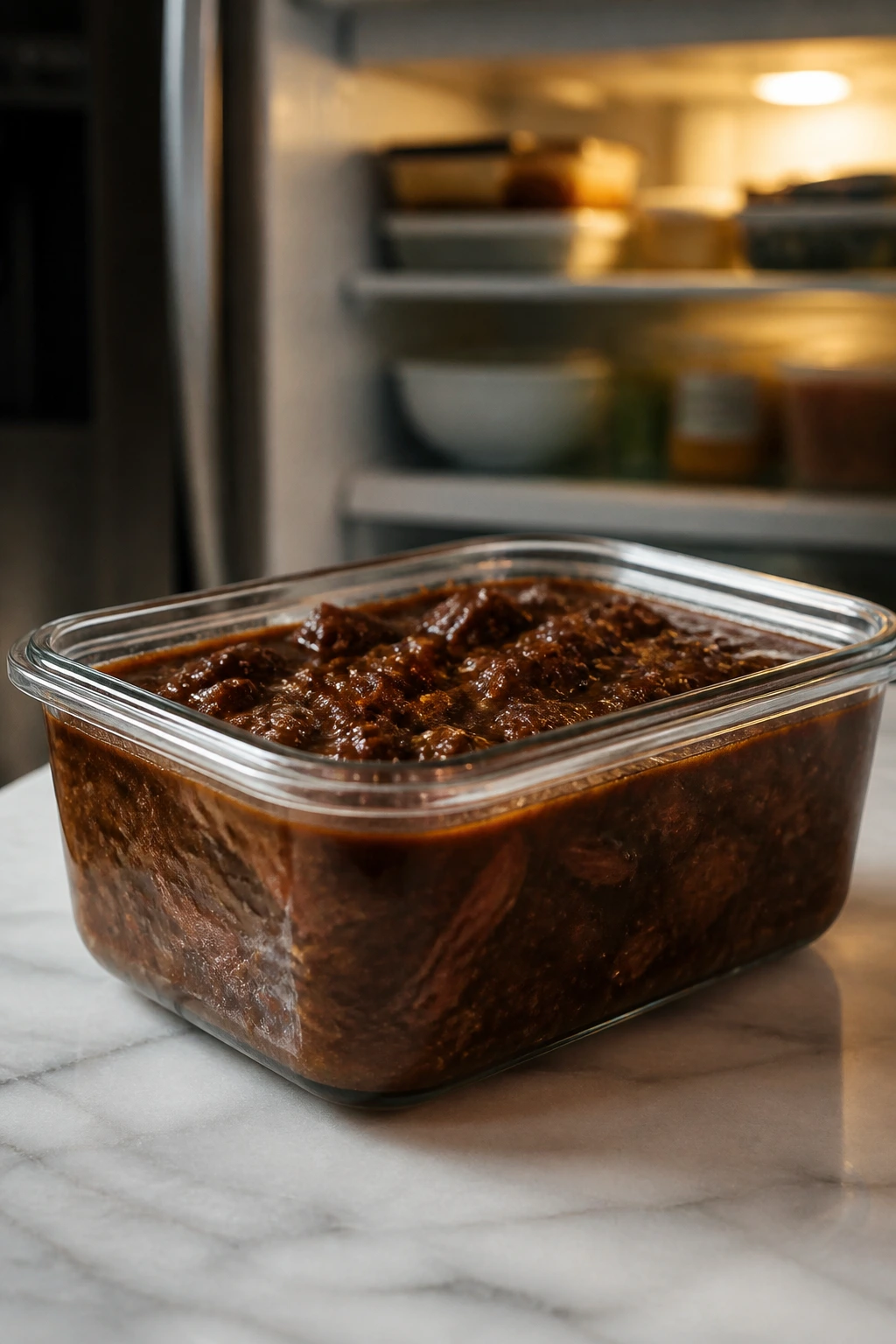 Airtight container with braised beef and gravy for leftovers.
