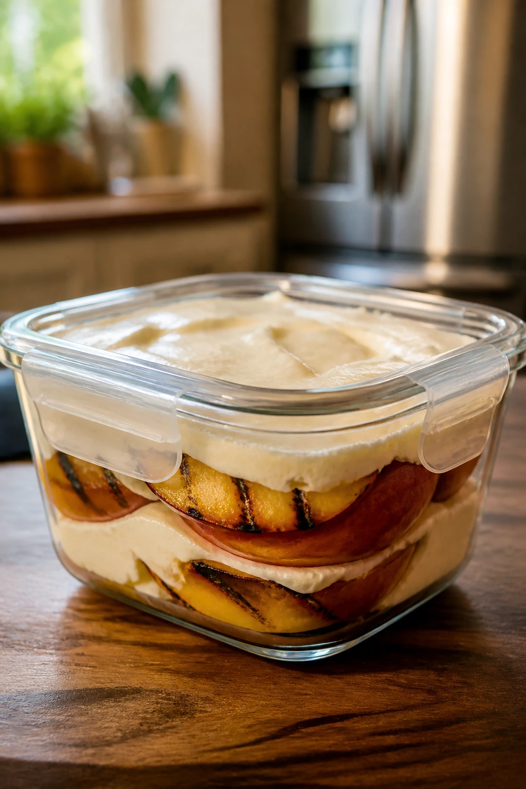 Airtight container of leftover grilled fruit dessert in a kitchen