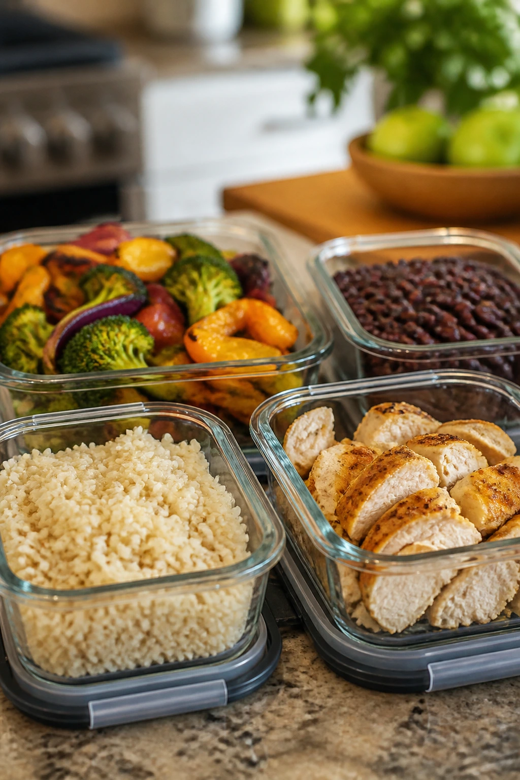 Close-up of separate leftovers in glass containers on a kitchen counter, showing distinct textures to prevent soggy leftovers