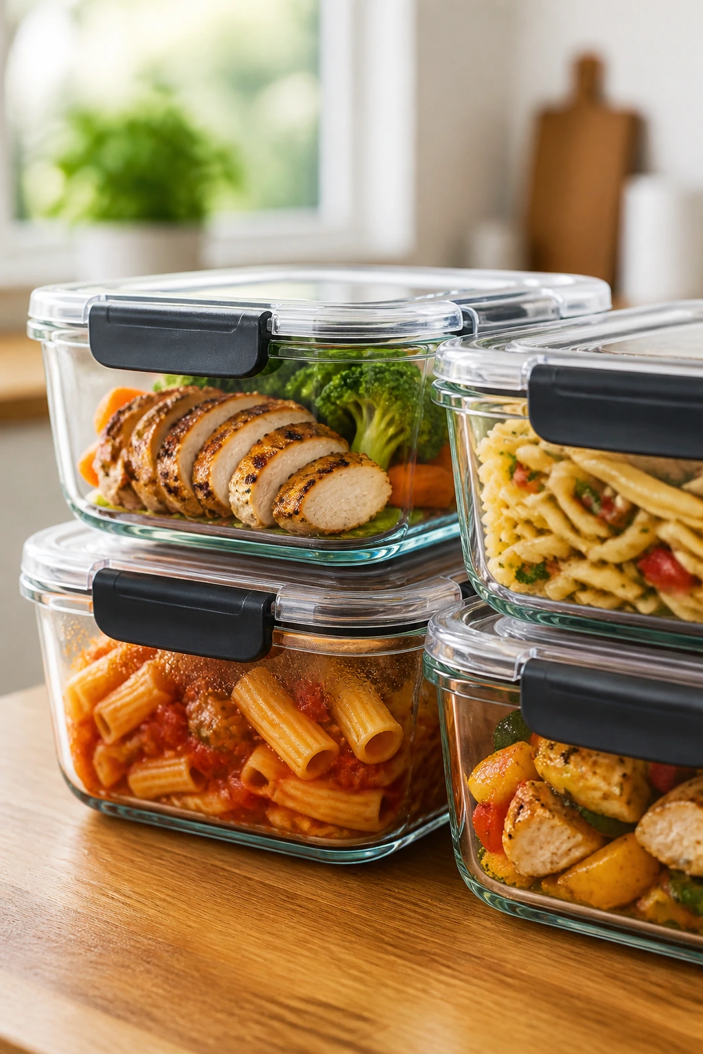 Close-up of glass meal-prep containers with leftovers on a kitchen counter.