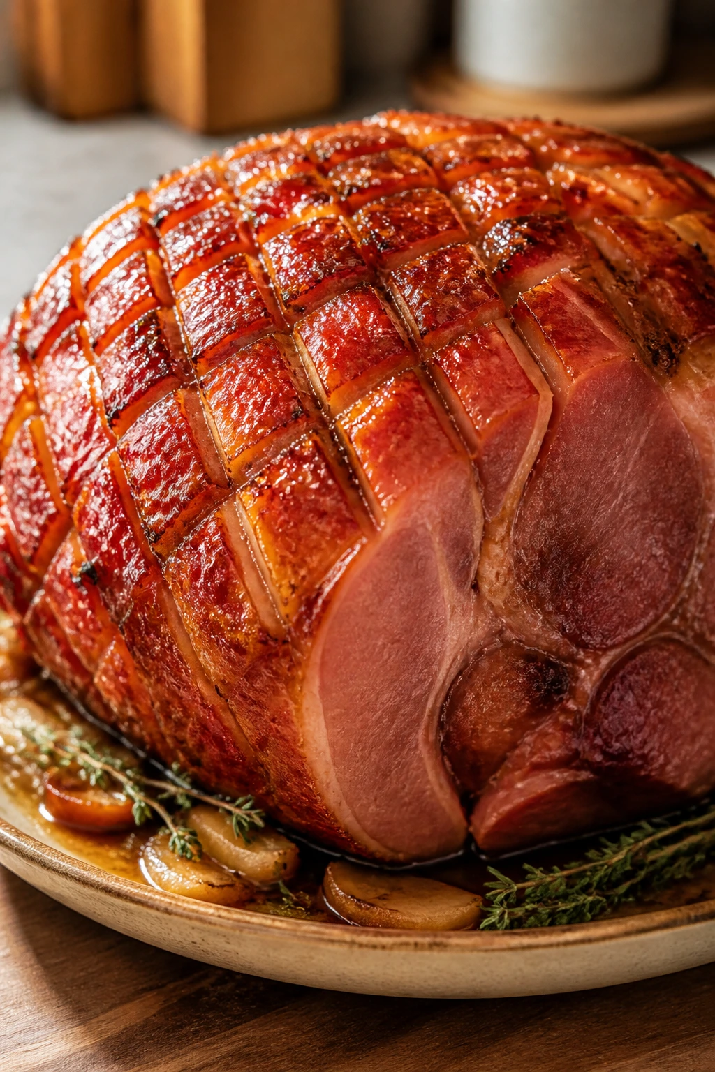 Glazed ham on a warm platter ready for leftovers.