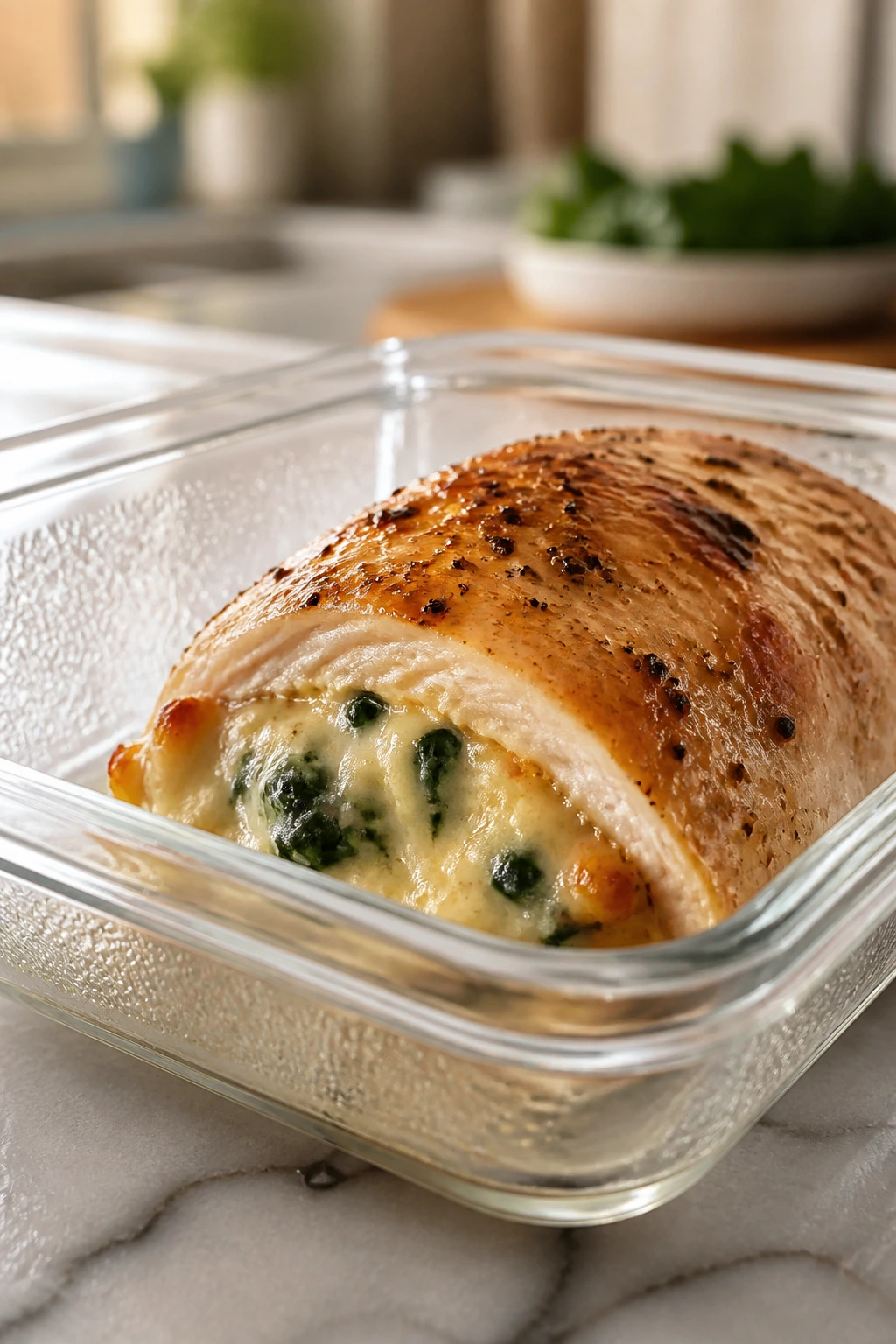 Chilled-looking stuffed chicken breast on plate implying leftovers