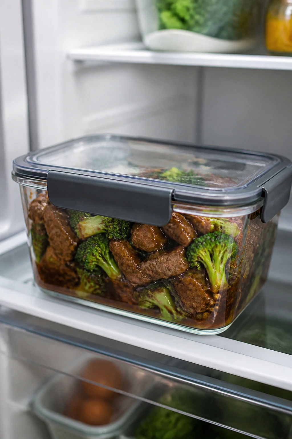 Leftover beef and broccoli in glass container in fridge