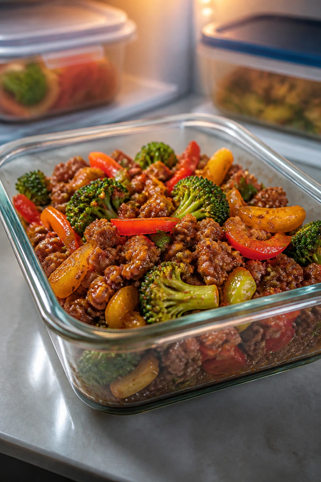 Leftover stir-fry in an airtight storage container in the fridge
