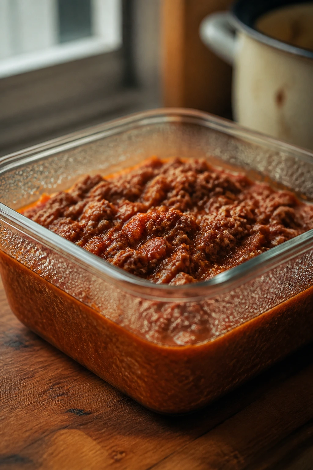 Glass storage container with ragù on a kitchen counter