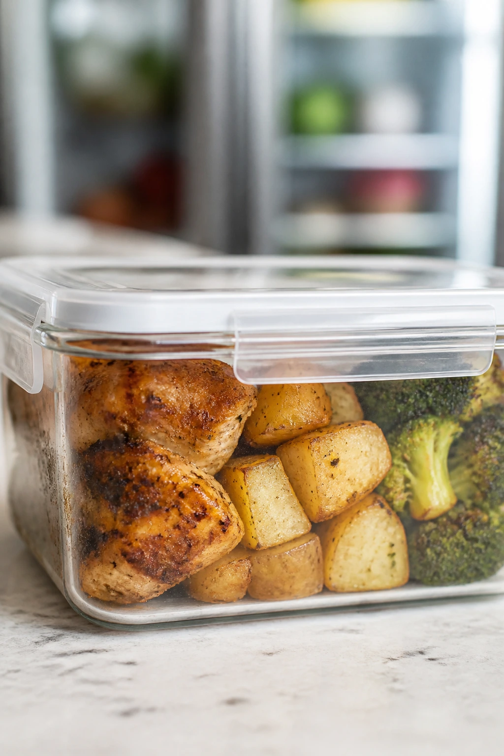Airtight container with leftovers on a kitchen counter, ready for storage or reheating.