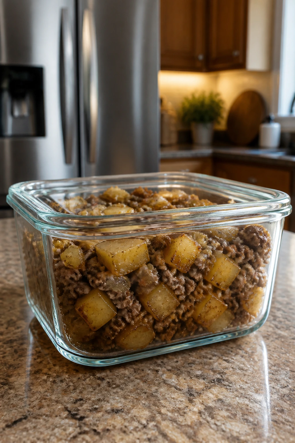 Leftover hamburger and potatoes in a glass container on kitchen counter