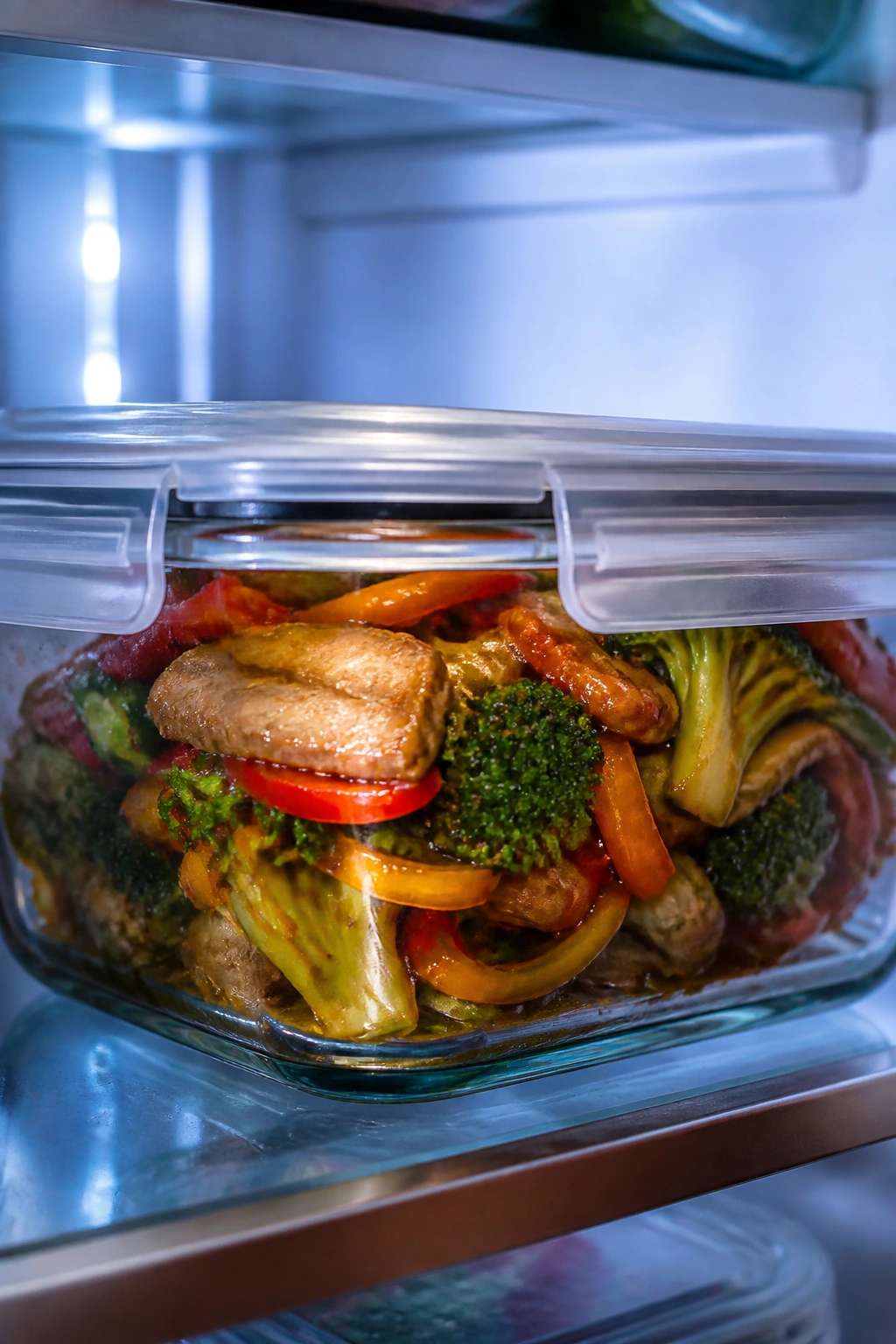 Leftover stir-fry in a glass container inside a refrigerator