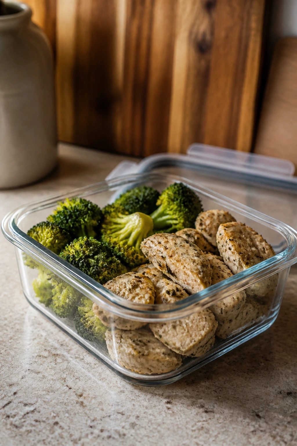 Glass container with leftover chicken and broccoli on kitchen counter.