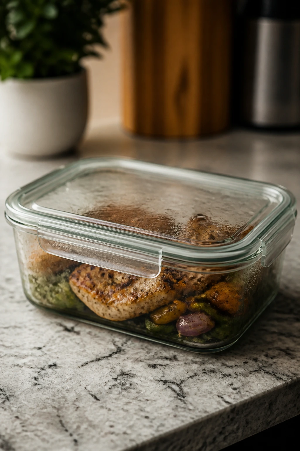 Close-up of a sealed glass meal container with leftovers on a kitchen counter