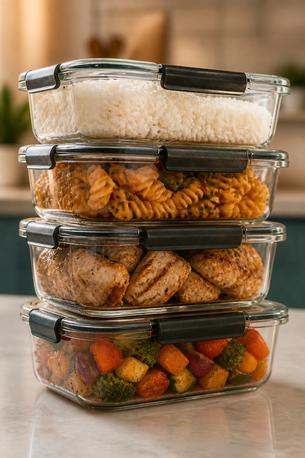 Stacked glass containers with rice, pasta, chicken and vegetables in a kitchen