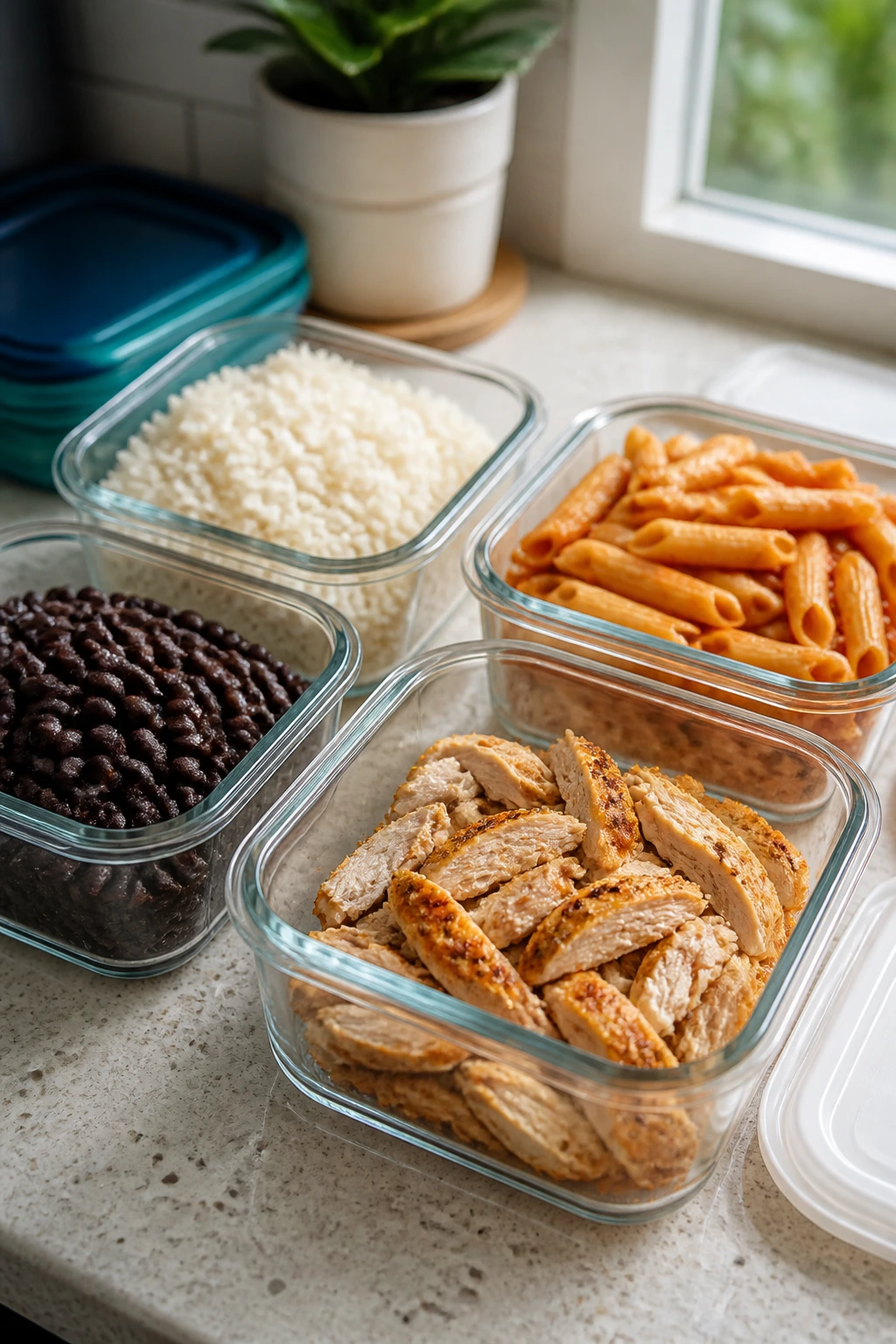 Separated leftovers in airtight containers ready for storage and reheating