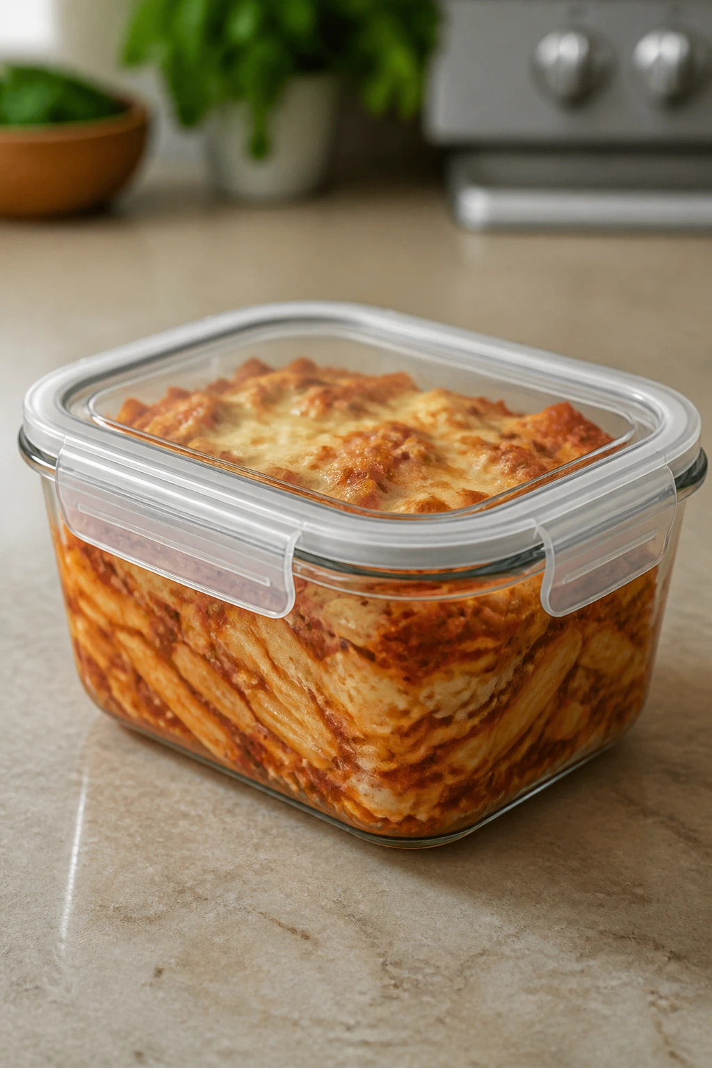 Airtight container with pasta bake for leftovers