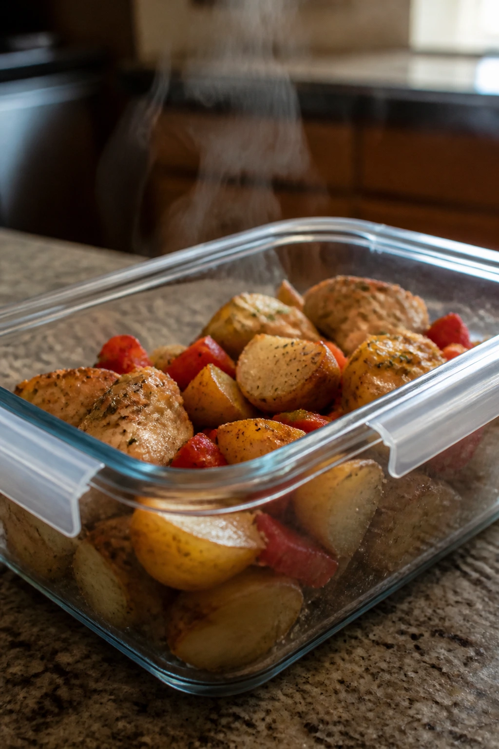Leftover turkey skillet in airtight glass container with steam