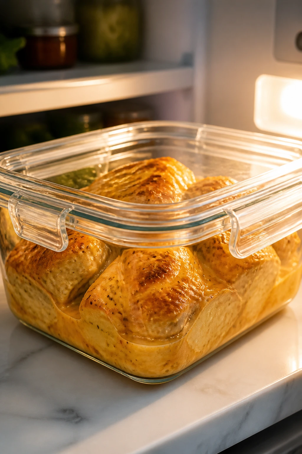 Leftover chicken and cheese sauce stored in glass container