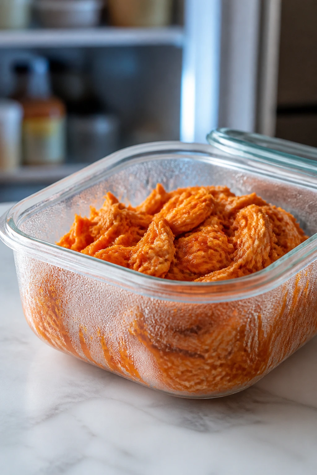 Glass storage container with shredded buffalo chicken on counter