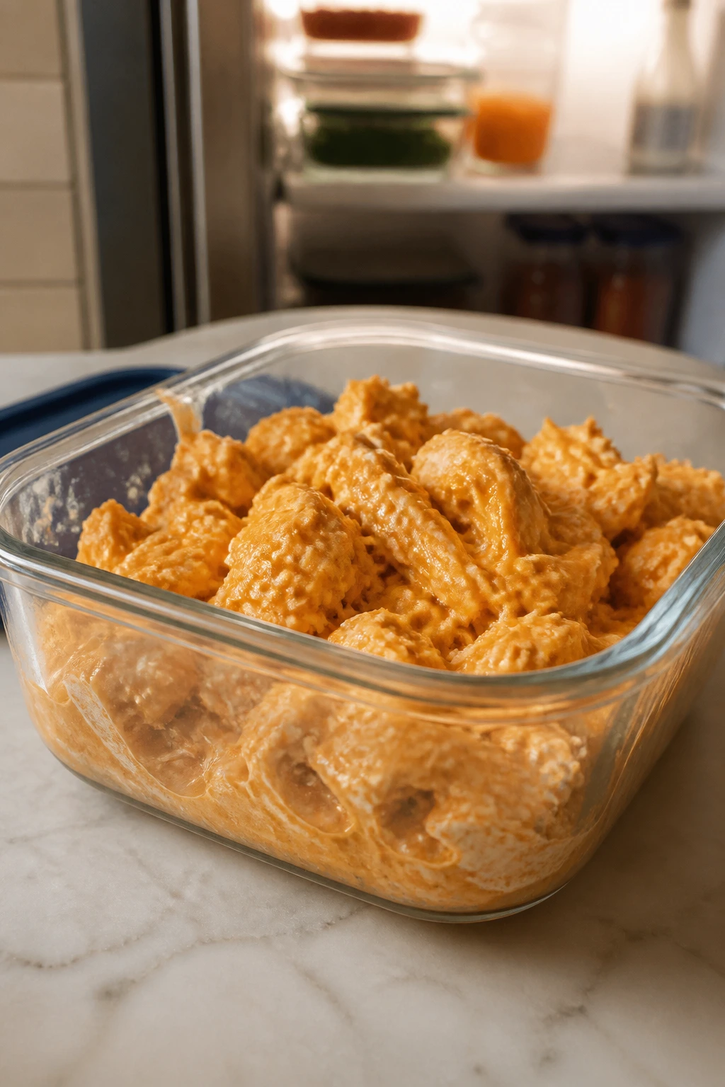 Leftover buffalo chicken in a glass storage container on a kitchen counter