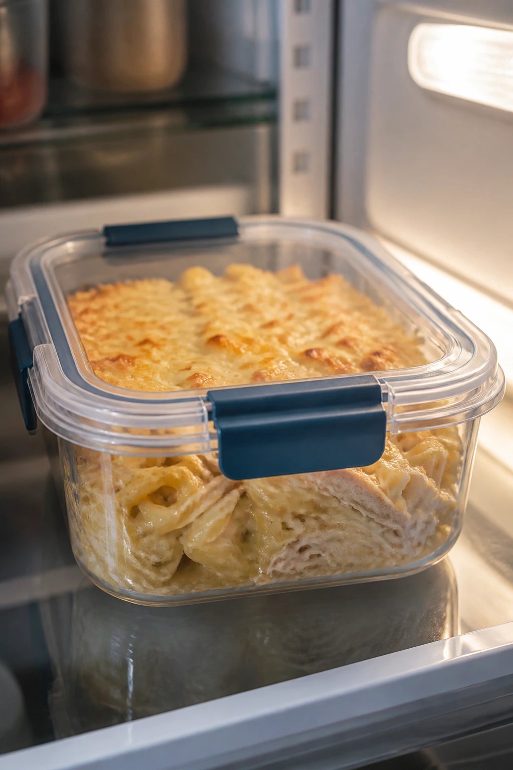 Airtight container with leftover cheesy chicken noodle bake on a kitchen counter