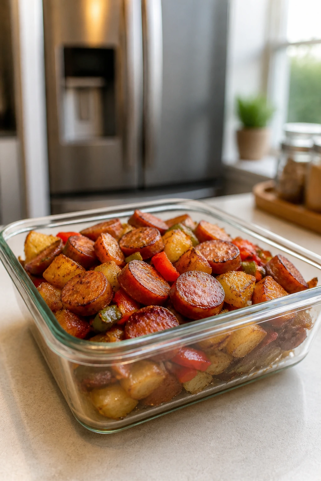 Leftover sausage and potatoes in a glass container ready for storage and reheating