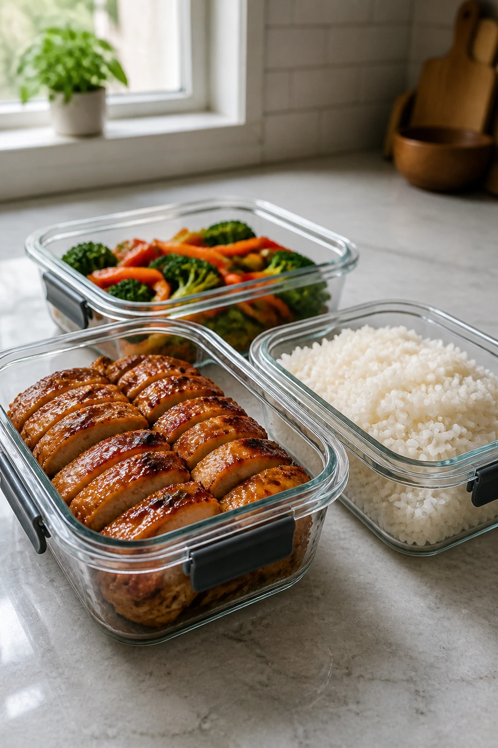A set of airtight containers storing chicken, rice, and vegetables separately.