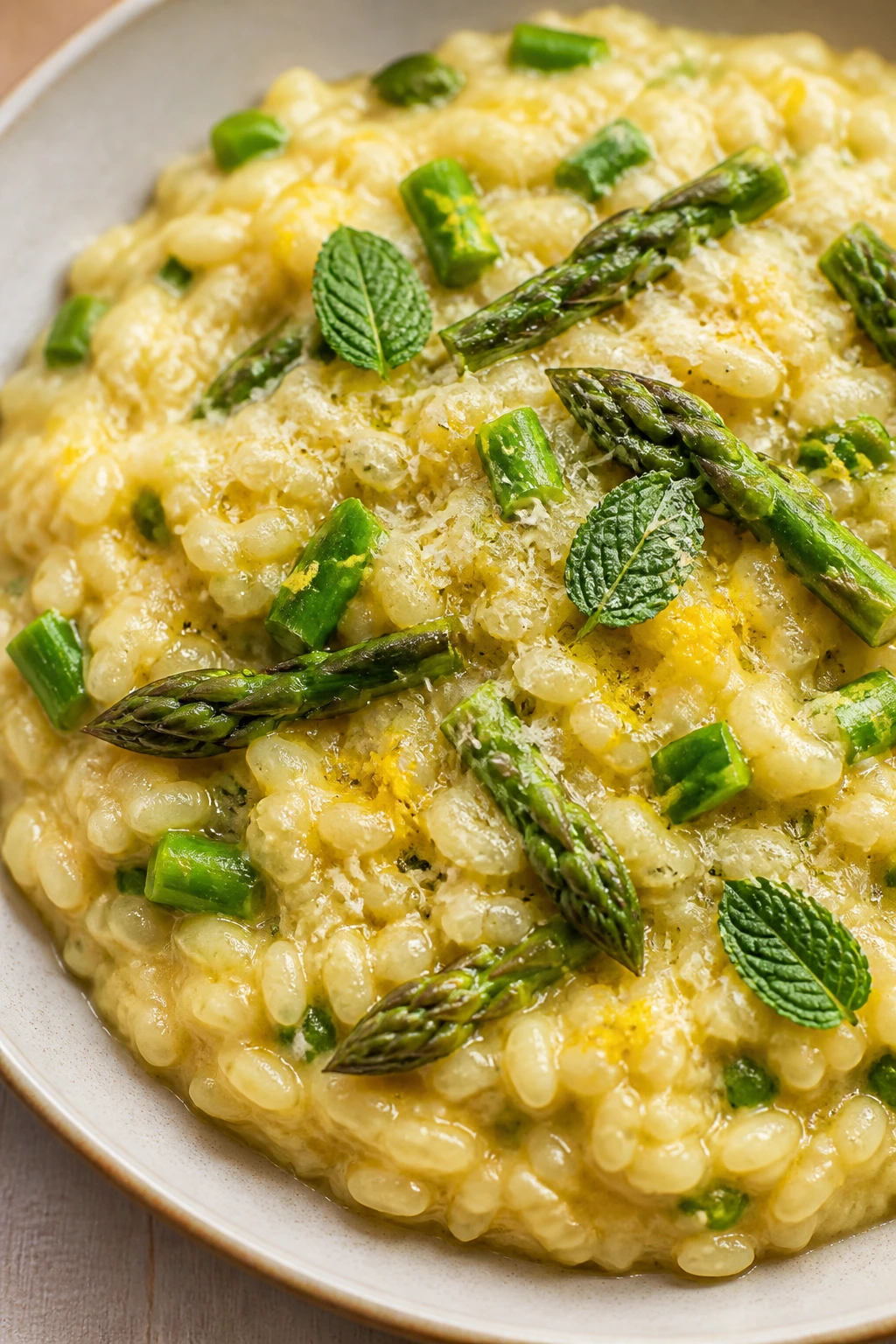 Close-up of lemon-asparagus risotto on a light wooden table