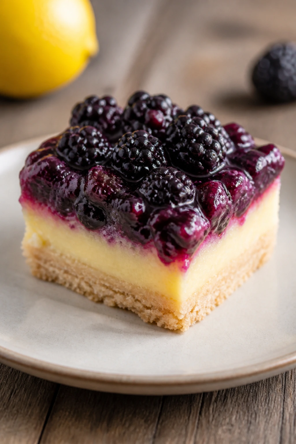 Close-up of a blackberry lemon bar showing lemon custard and blackberry topping