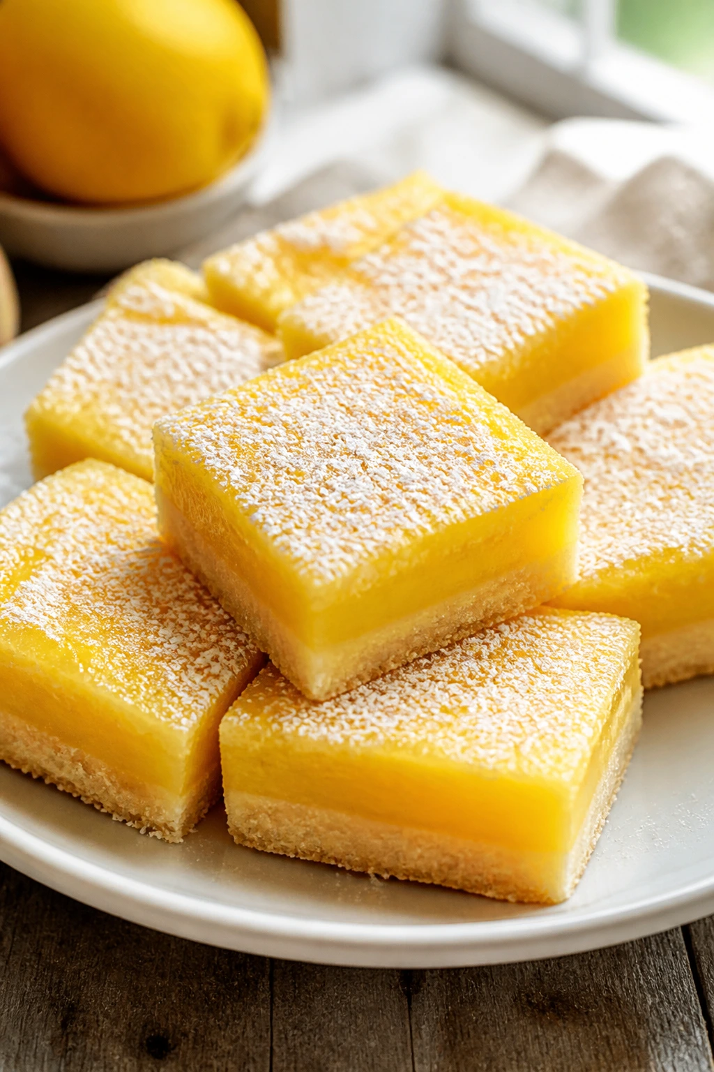 Close-up of lemon bars on a plate with sugar dusting