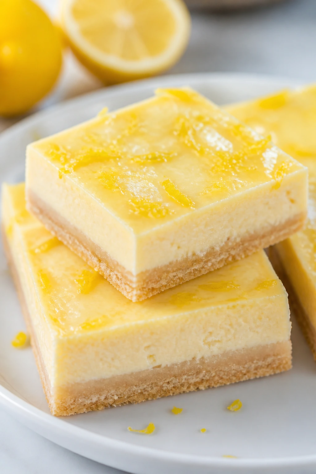 Bright lemon cream cheese bars on plate with zest