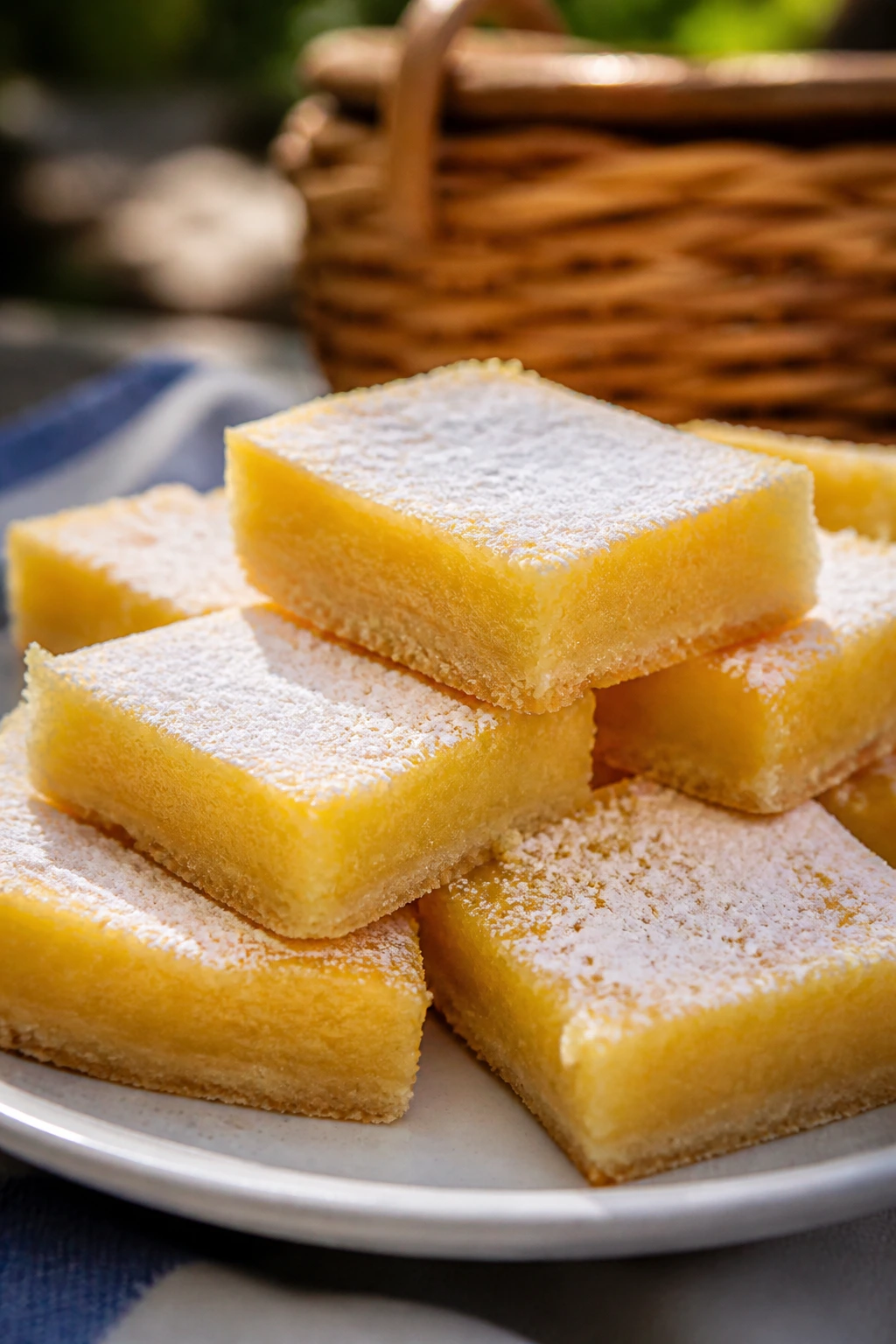 Lemon bars arranged on a plate outdoors with a wicker basket in the background.