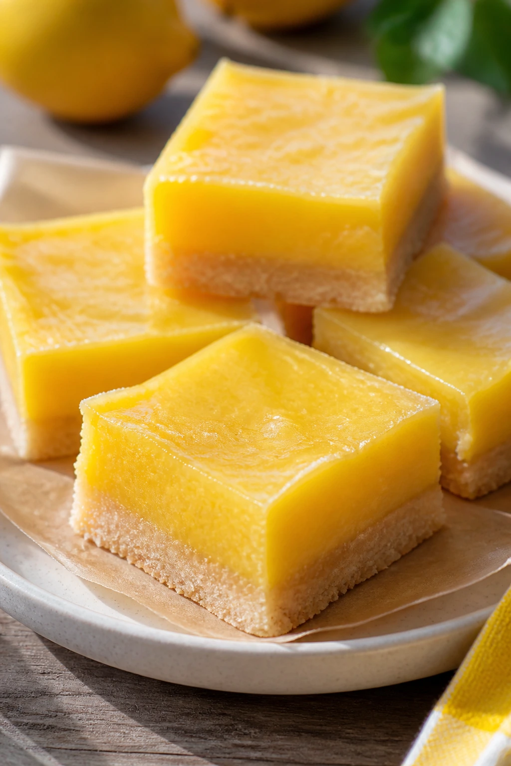 Close-up of no-bake lemon bars on a plate outdoors.