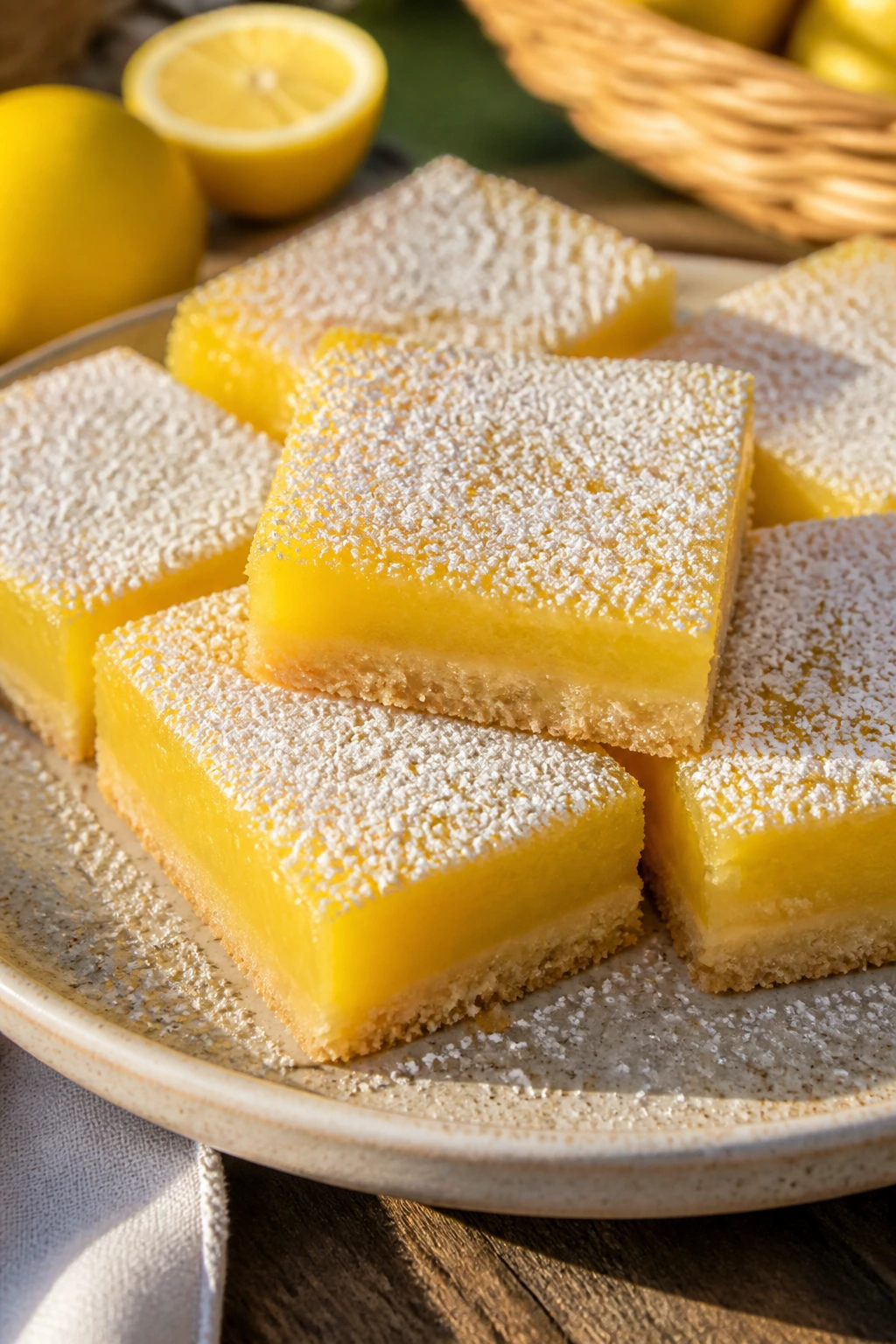 Lemon bars on a rustic plate for a picnic dessert.