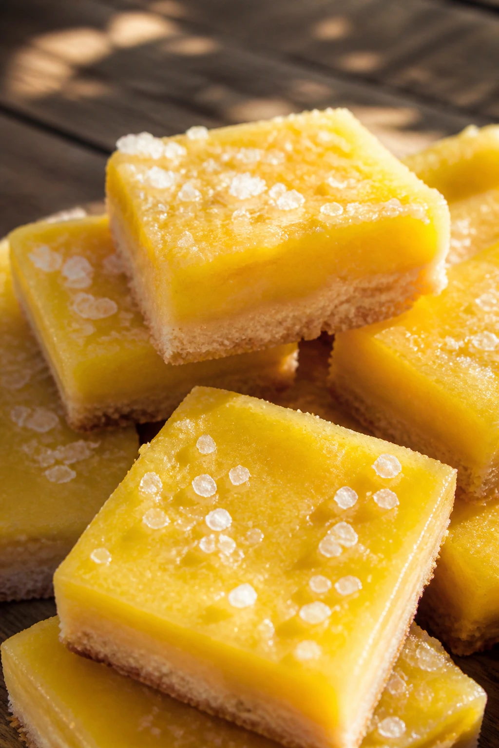 Close-up of salted lemon bars on a wooden surface