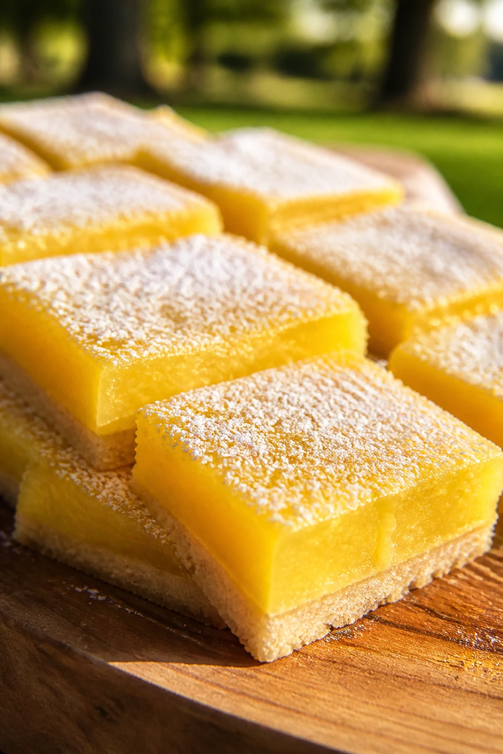 Close-up of lemon bars with shortbread crust on a wooden picnic board outdoors
