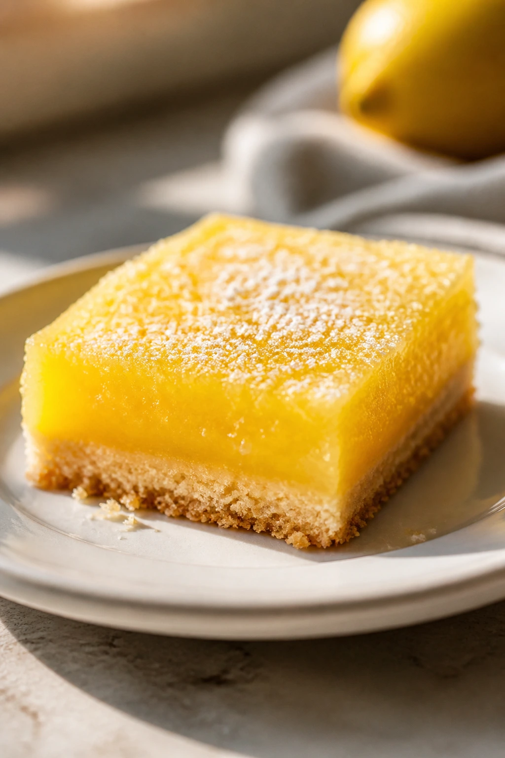 Lemon bar on plate with shortbread base and bright lemon filling