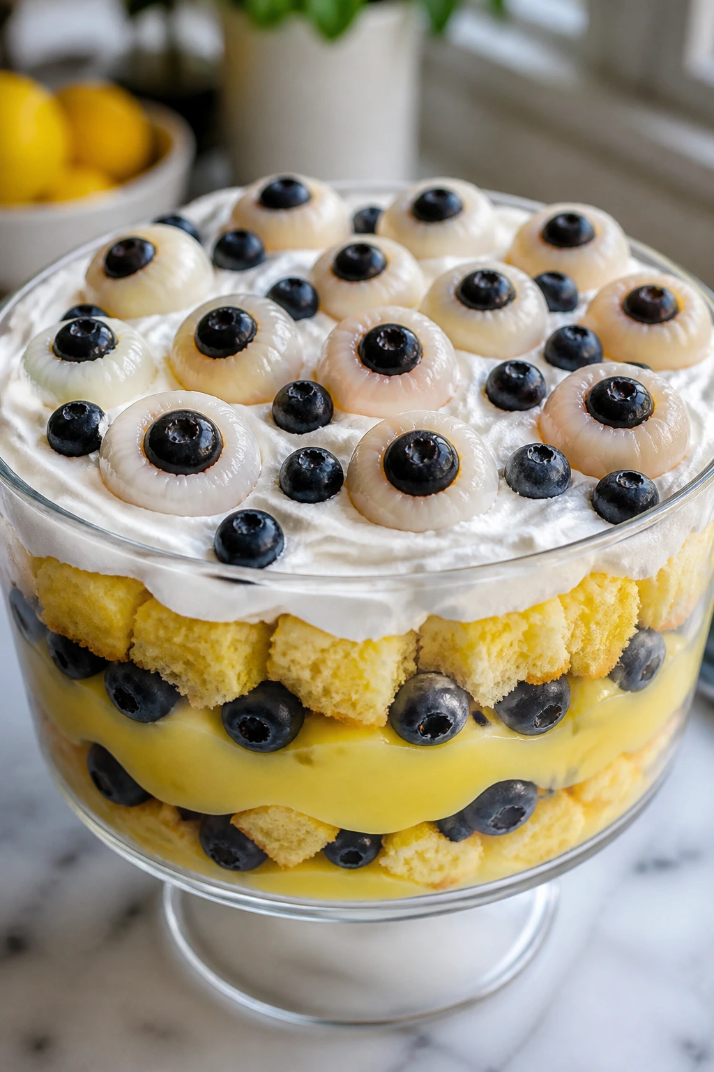 Close-up Lemon Berry Eyeball Trifle with lychee eyeballs and lemon cake