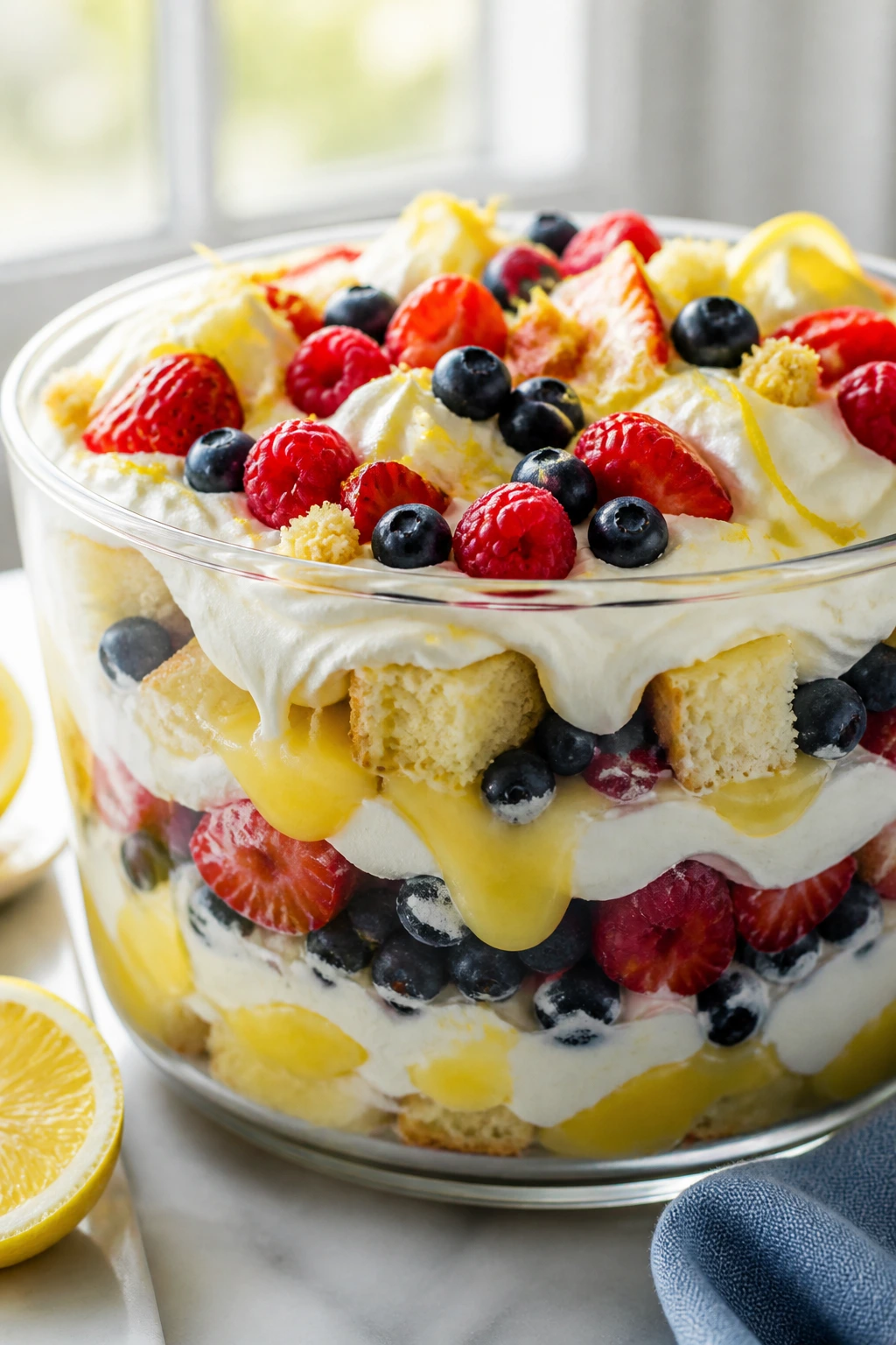 Layered lemon berry trifle in a glass bowl