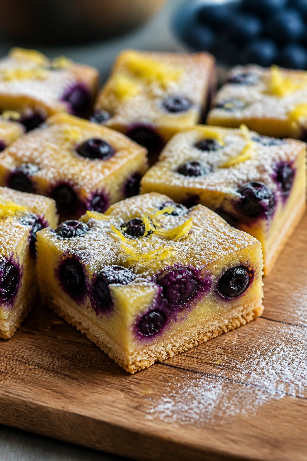 Lemon blueberry bars on wooden board