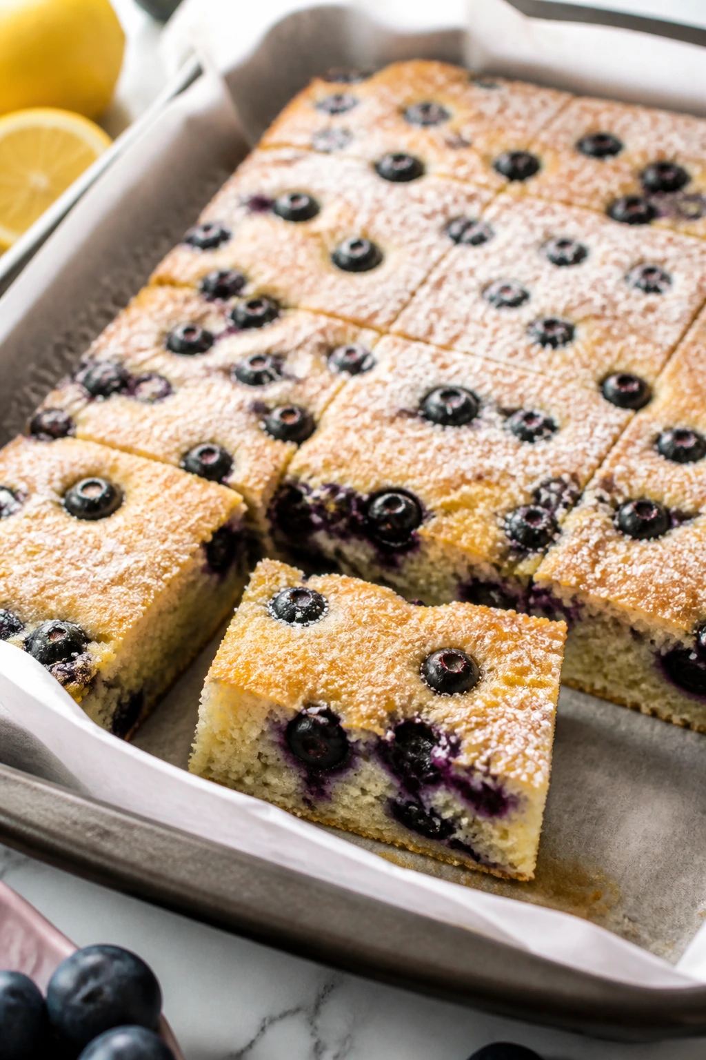 Close-up of lemon-blueberry sheet bars in parchment-lined pan on a kitchen counter